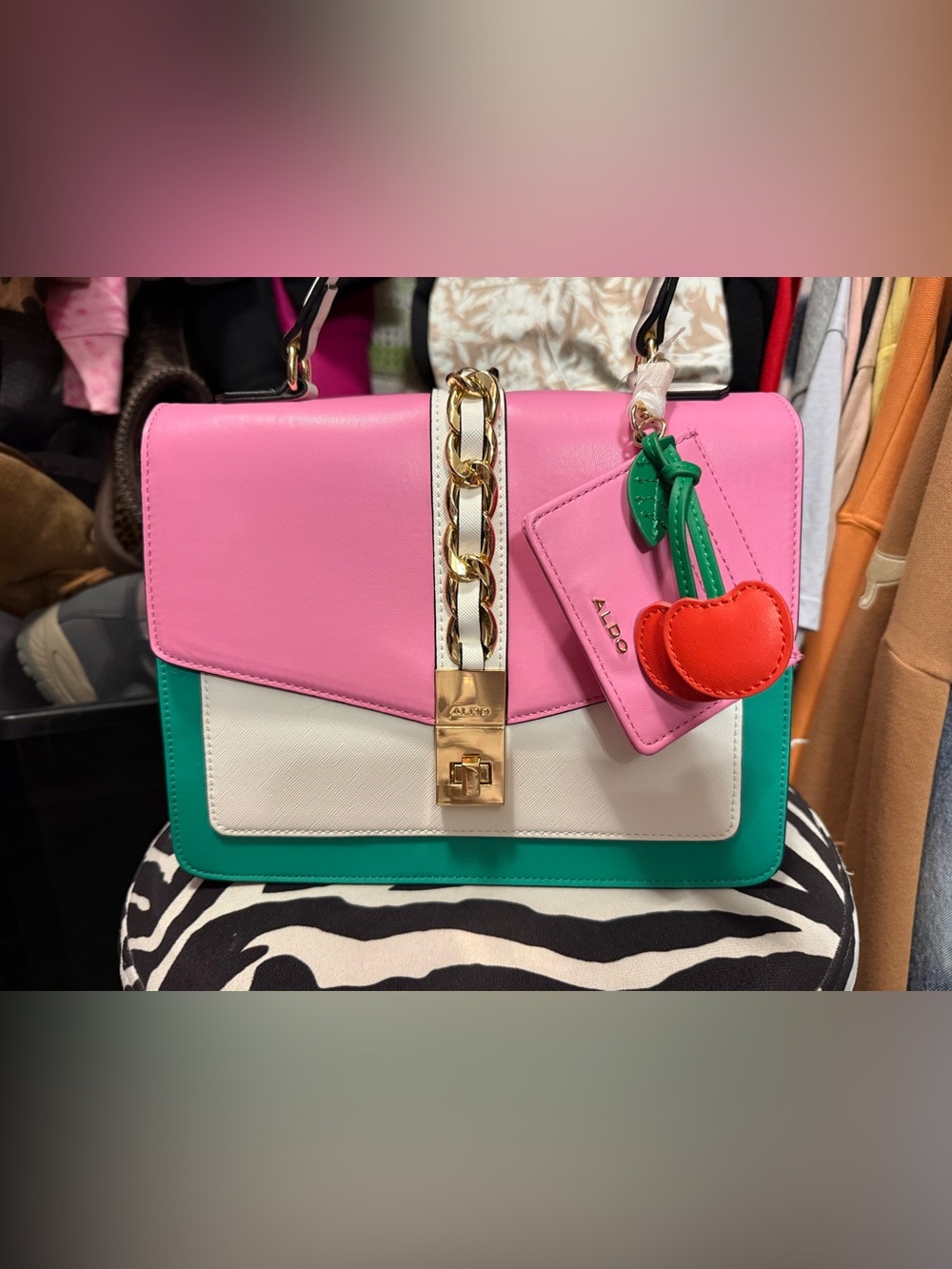 Aldo Pink, White & Green Colorblock Satchel with Cherry Charm